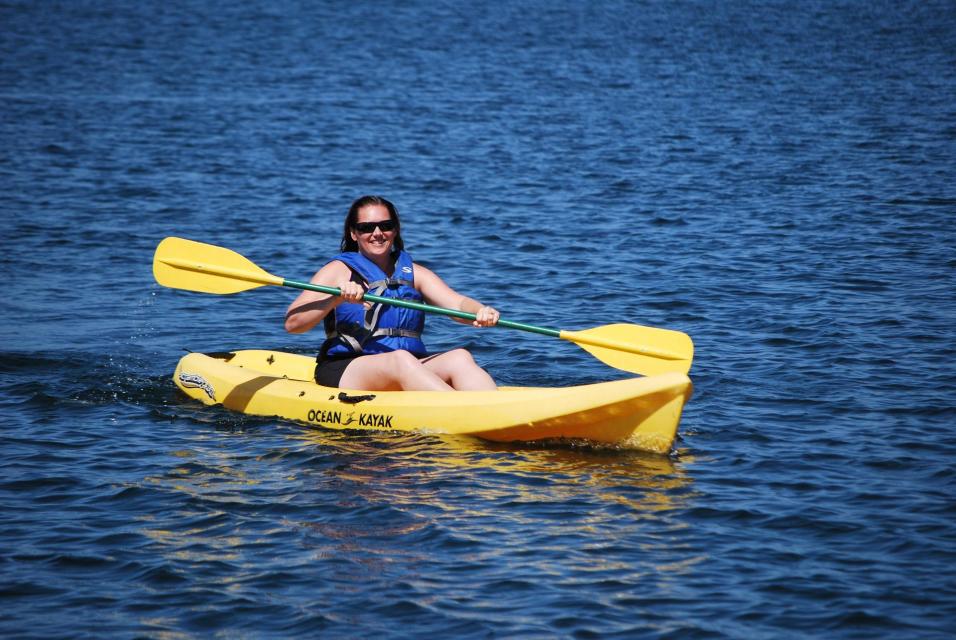 Women kayaking in a single kayak